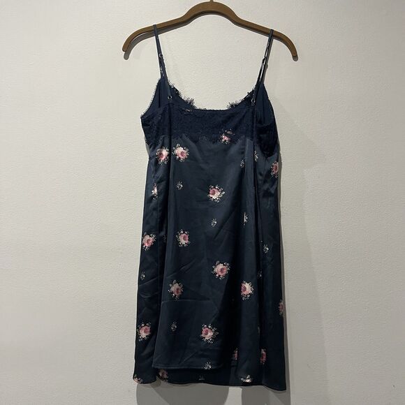 Abercrombie & Fitch Slip Dress Women’s Small Navy Blue Floral Satin Lace Mini - Picture 2 of 8